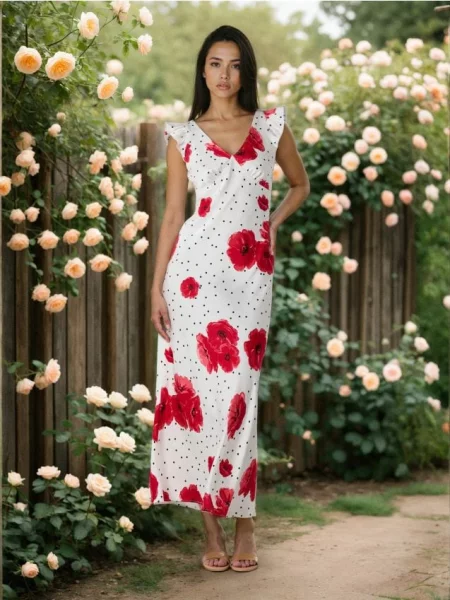 Міді сукня в горох із маковим мотивом різнобарвний