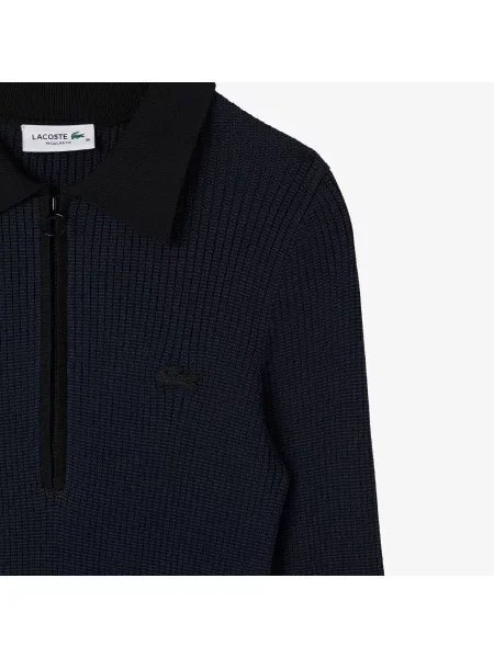 Lacoste Sukienka Z Długim Rękawem Half Zip W Paski Classic Fit czarna