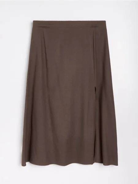 Спідниця міді з розрізом з віскозою та домішкою льону Plus size пильно-коричневий коричнева