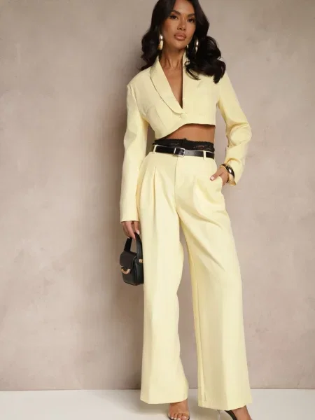 Komplet Szerokie Spodnie i Krótka Marynarka z Usztywnionymi Miseczkami Liovea żółty