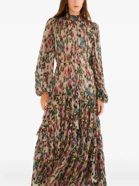 Rochie maxi Farm Rio cu model floral cu volane de costum roz