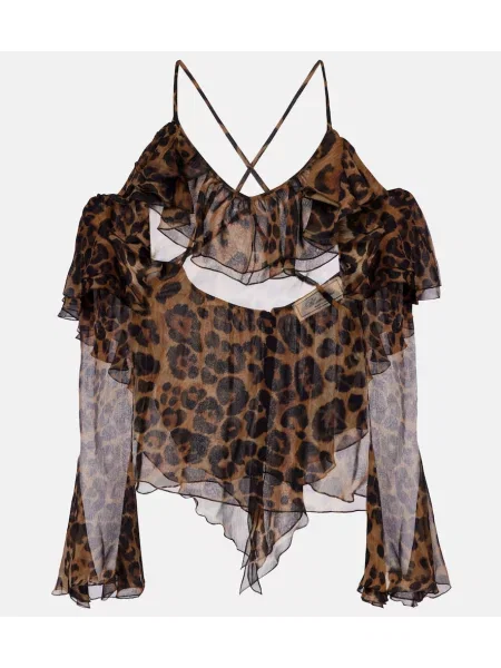 Top Blumarine de mătase cu imagine cu model leopard maro