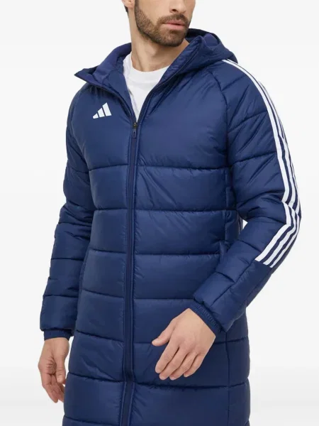 Geacă cu puf Adidas din piele de căprioară cu dungi cu glugă albastru