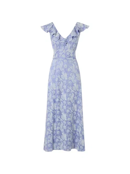 Rochie Temperley London cu model floral cu volane din jacard albastru