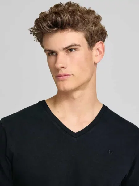T-shirt z mieszanki bawełny i lnu z dekoltem w serek Superdry czarna