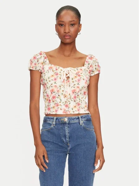 Блуза Guess ELIANE дамска бежово с изчистен дизайн розово