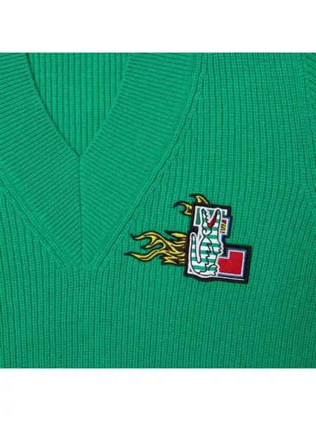Lacoste Sweter Świąteczny Z Wełnianym Dekoltem W Serek Lacoste zielony