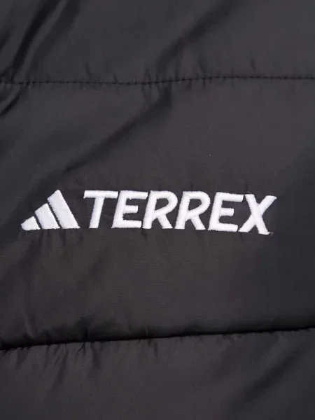 Geacă cu puf Adidas din piele de căprioară cu dungi cu glugă albastru