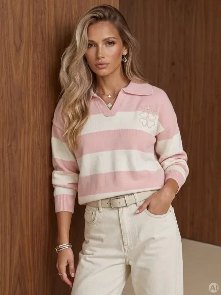 Sweter z kołnierzykiem i haftem LOVE Dstreet różowy