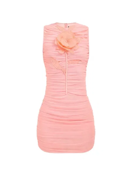 Sukienka mini David Koma w kwiatki z falbankami różowa