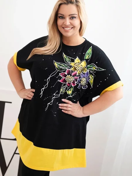 Tunică Kesi Włoski cu perle cu model floral negru