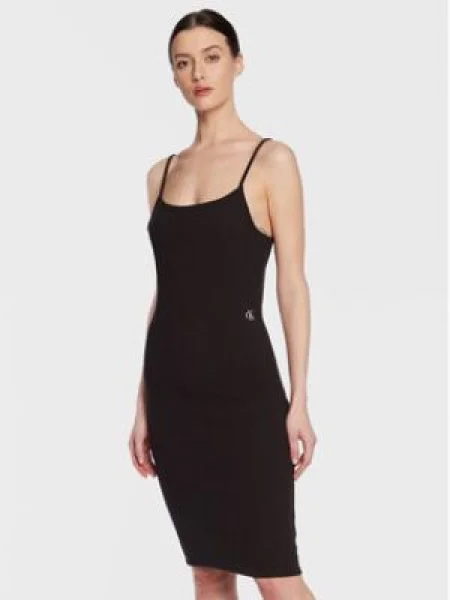 Calvin Klein Jeans Rochie SLUB RIB STRAPPY DRESS negru
