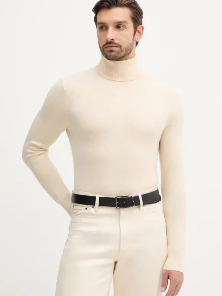 Sisley sweter z domieszką wełny lekki z golferm beżowy