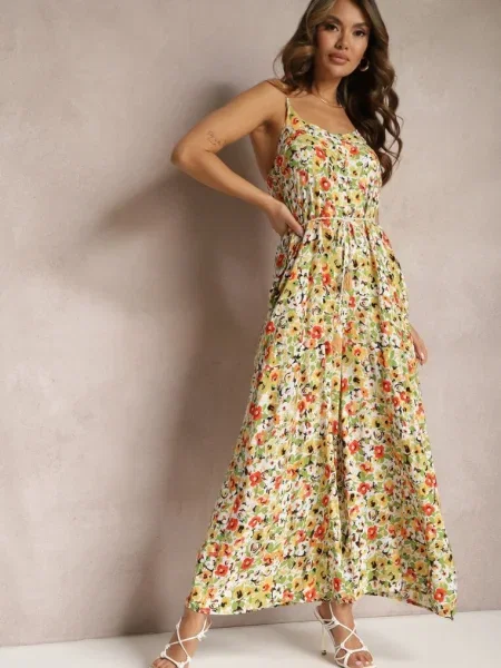 Verde-Bej Salopeta cu Picior Larg Floral cu Șnur Decorativ Leliavia bej