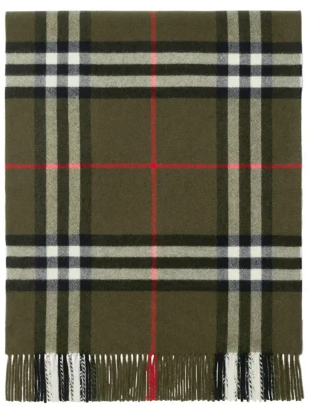 Fular Burberry cu franjuri din cașmir în carouri verde