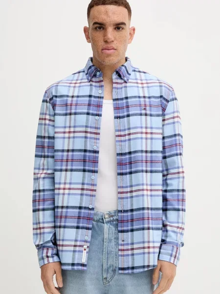 Риза Tommy Jeans със стандартна кройка с яка с копче синьо