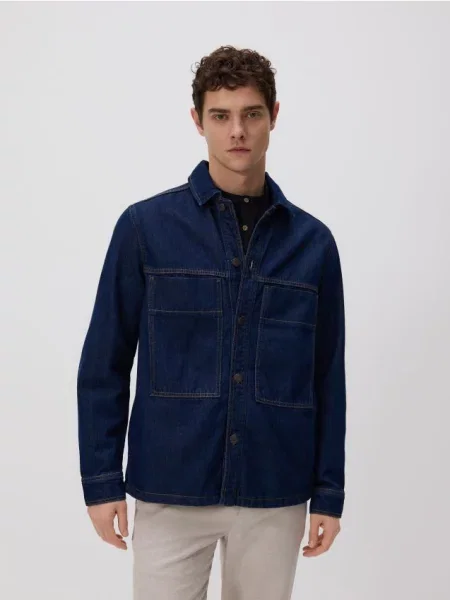 Reserved Cămașă comfort fit din denim metalizat albastru