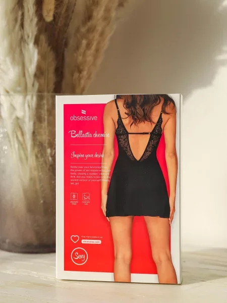 Эротическая сорочка с трусиками стринг Комплект_Obsessive_Bellastia_chemise чорна