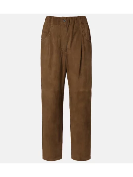 Pantaloni Brunello Cucinelli din piele de căprioară verde