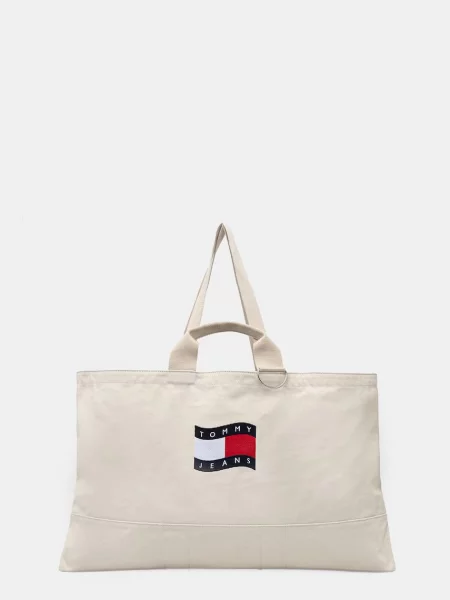 Τσάντα shopper Tommy Jeans με γούνα μπεζ
