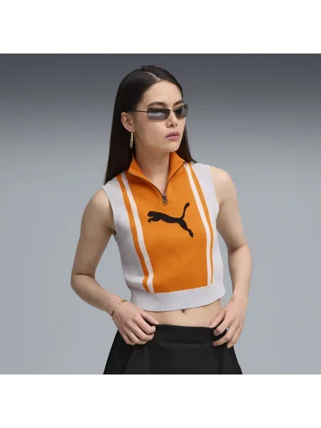 Dzianinowa koszulka na ramiączkach FUTURE.PUMA.ARCHIVE z zamkiem Odzież Silver Mist/Pomarańczowy Glo S pomarańczowa