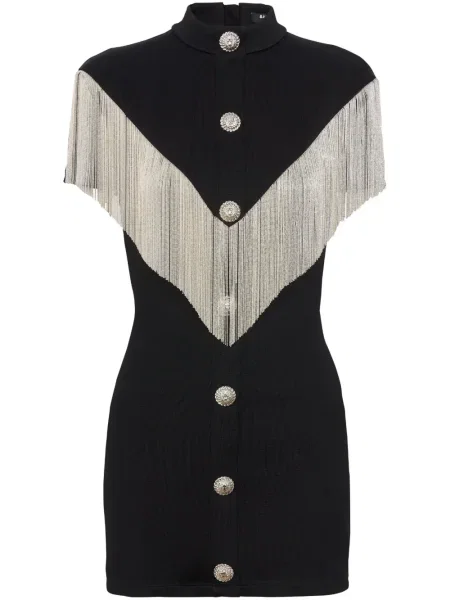 Rochie Balmain cu franjuri din jerseu negru