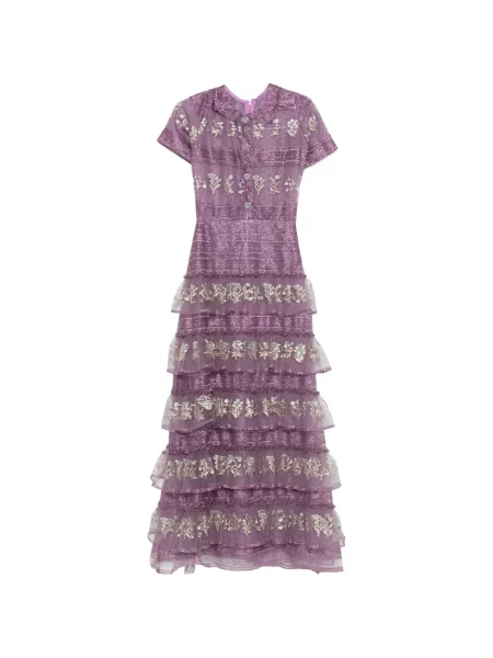 Sukienka maxi Miau By Clara Rotescu w kwiatki z falbankami garniturowa fioletowa