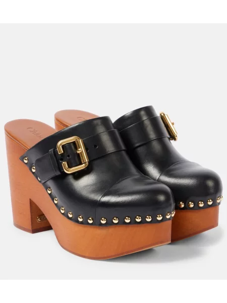 Saboți Chloé din piele cu tepi negru