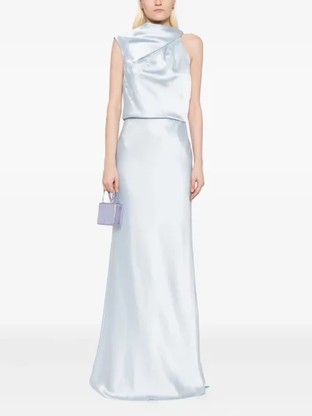 Rochie Amsale din satin drapată de costum albastru