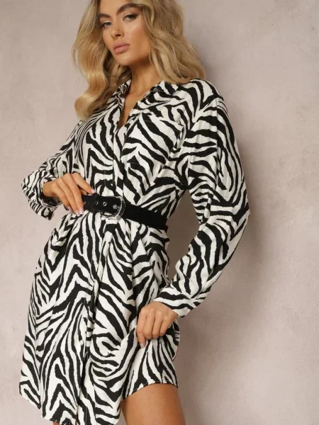 Rochie Alb-Negru in Stil Cămașă cu Decolteu in V si Închidere cu Laveira alb