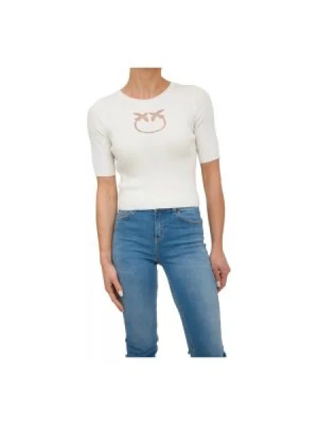 Koszulka Pinko koronkowa o krotszym kroju prążkowana beżowa