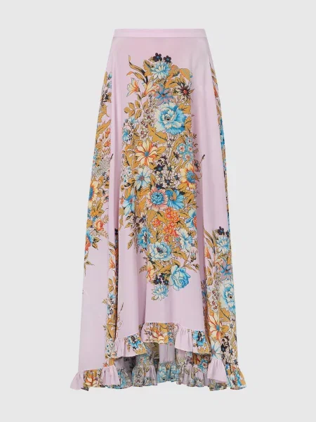 Шовкові штани Etro в квіточку з рюшами рожеві