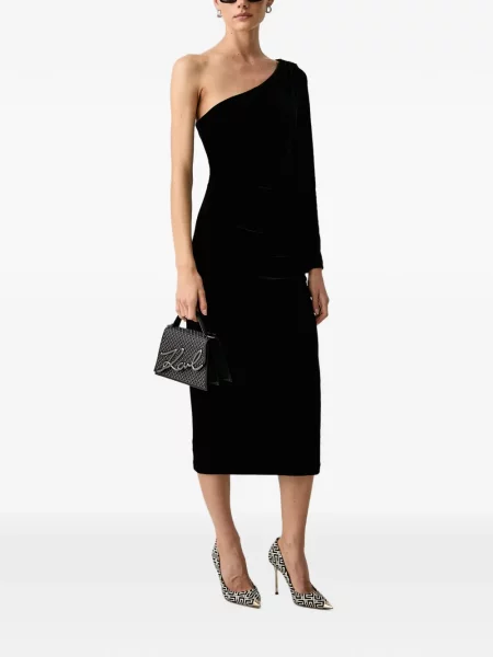 Rochie midi Armani Exchange de catifea cu un umăr gol negru