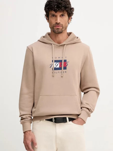 Bombažen pulover Tommy Hilfiger s kapuco bež