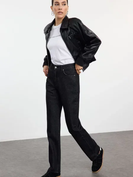 Blugi drepți Trendyol cu talie înaltă lungi negru