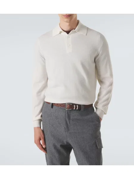 Tricou polo Brunello Cucinelli din cașmir alb
