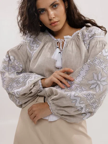 Лляна Вишита сорочка Embroidered Gem бежевий