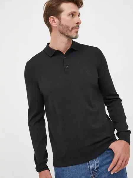 Вълнен пуловер BOSS мъжки от лека материя черно