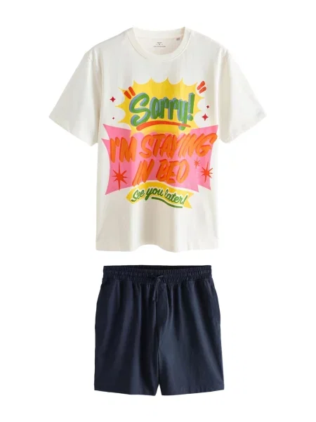 Next Pijama scurtă bleumarin / galben / verde alb