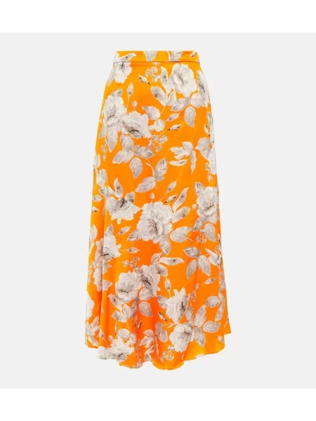 Fustă midi Erdem din satin cu model floral până la genunchi portocaliu