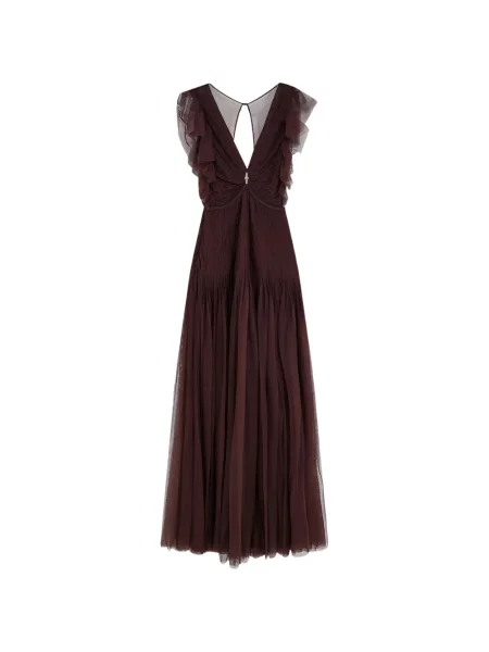 Rochie maxi Elisabetta Franchi cu decolteu în V cu volane maro