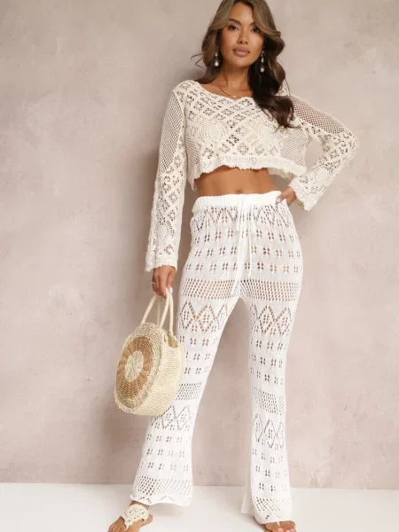 Ażurowe Spodnie Flare ze Sznurkiem i Gumką w Talii Alinata białe