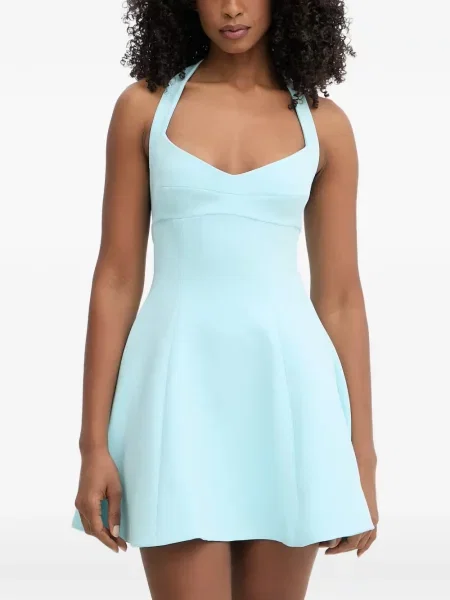 Rochie mini Bardot evazată cu gât halter albastru