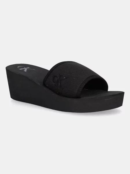 Calvin Klein Jeans klapki BEACH WEDGE SLIDE CANVAS na koturnie czarny