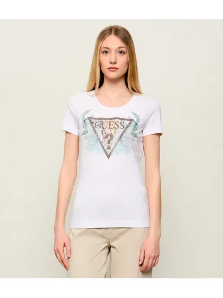 GUESS Tricou maro mokka / auriu / verde petrol alb