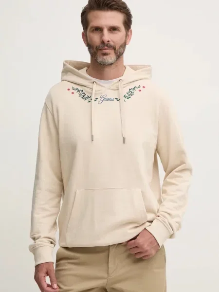 Суичър с качулка Guess с качулка с апликация бежово
