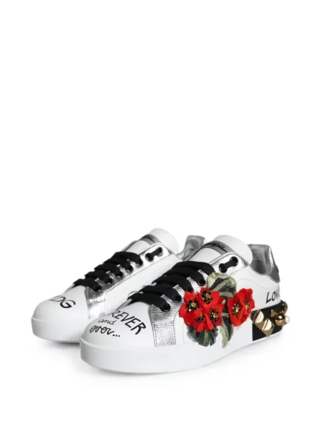 Δερμάτινα φλοράλ sneakers Dolce & Gabbana με καρφιά λευκό