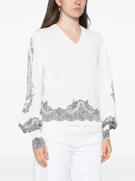 Pulover Twinset din dantelă alb