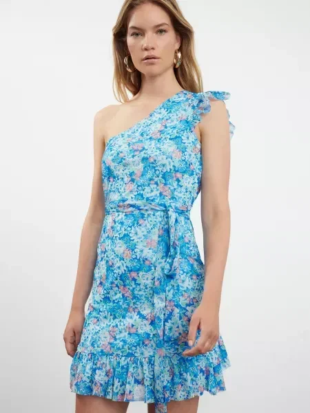 Cu centură rochie mini Trendyol cu model floral albastru