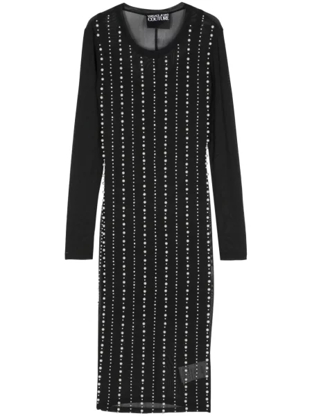 Sukienka jeansowa Versace Jeans Couture z perełkami do kolan garniturowa czarna